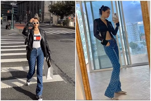 Khi đi dạo phố bởi Chi Pu cũng hướng tới phong cách năng động, thoải mái. Cô nàng phối chiếc quần jeans “hack dáng" cùng với áo body đơn giản có in logo kèm blazer da khoác ngoài. Một set đồ khá kín cổng cao tường và chuẩn phong cách IT girl Mỹ cực ngầu. Netizen còn phát hiện chiếc quần jeans này được cô mặc đi mặc lại, song ở Mỹ lại khá kín đáo chứ không xuyên thấu táo bạo như hồi ở Việt Nam (ảnh phải).