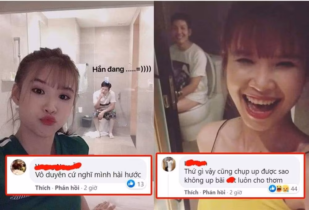Những pha "dìm hàng" chồng một cách lầy lội bỗng chốc trở thành phản cảm. Mới đây, loạt ảnh khá "nhạy cảm" của Kelvin Khánh - Khởi My được đào lại gây tranh cãi. Cụ thể, Khởi My thường xuyên chia sẻ ảnh chụp lén ông xã đang đi toilet trong tư thế "tụt quần" khá phản cảm.