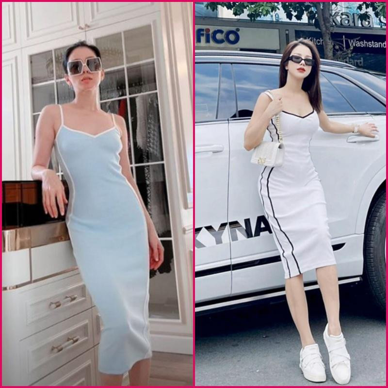 Như với bộ đầm body liền giá 350k này chẳng hạn, Diệp Lâm Anh quyết định mặc all white với sneaker và túi Chanel trong khi Lệ Quyên hơi chân phương và nhợt nhạt với mỗi kính mắt to bản và không hề tô son điểm phấn.