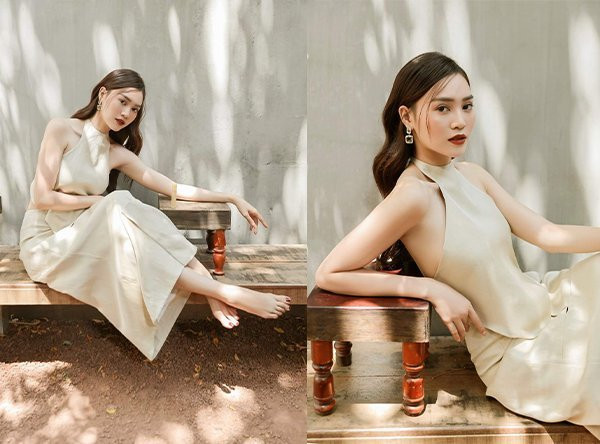 Lan Ngọc khoe bờ vai trần quyến rũ và làn da trắng hồng trong set áo yếm cách tân đầy khéo léo.