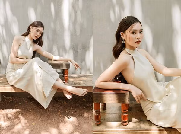 Lan Ngọc khoe bờ vai trần quyến rũ và làn da trắng hồng trong set áo yếm cách tân đầy khéo léo.