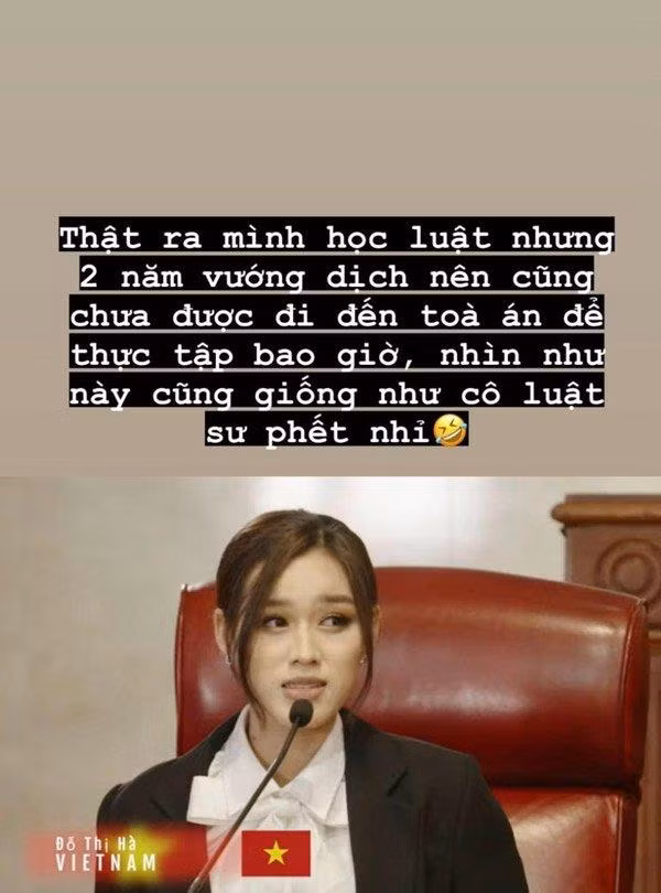 Tuy nhiên, đến phần hùng biện của mình, Đỗ Thị Hà đã khoác thêm chiếc áo vest đen bên ngoài. Tạo hình này khiến cô trông như một vị luật sư hơn là đang đi thi Hoa hậu. Hình ảnh này của cô nàng gây thích thú.