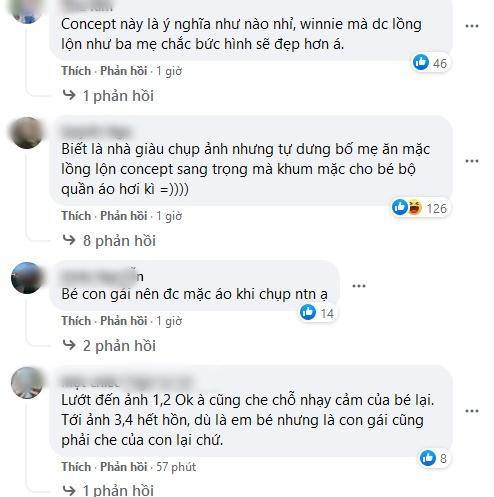 "Lướt đến ảnh 1,2 Ok tới ảnh 3,4 hết hồn, dù là em bé nhưng là con gái cũng phải che của con lại chứ", "Trẻ em cần được bảo vệ nhất là bé gái nữa. Nếu ở Mỹ chắc chắn sẽ bị gặp vấn đề vì đưa hình con lên cộng đồng không mặc áo, sai với quyền bảo vệ trẻ em ở Mỹ. Sẽ có ý kiến trái chiều, đang ở Việt Nam theo phong tục tập quán chứ"... là những phản hồi cực gắt của dân mạng.