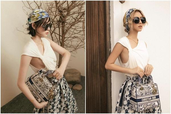 Cũng là bộ cánh trên và cùng 1 cách mix&amp;match nhưng khác với Hiền Hồ thích chơi hở bạo, Quỳnh Anh Shyn lại lên đồ có phần kín đáo chuẩn thiết kế gốc, không để lộ tí da thịt nơi hiểm hóc nào.