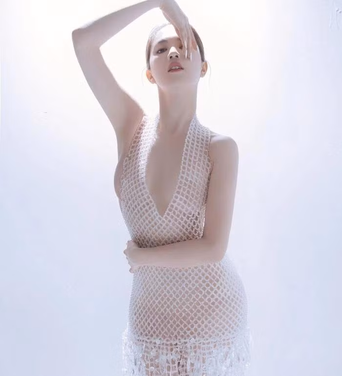 Chiếc đầm lưới mỏng manh có thể khiến mỹ nhân Việt hớ hênh lộ hàng bất cứ lúc nào. Nhưng cái hay là bằng một phép màu photoshop kĩ càng nào đó mà người xem không thể thấy được nội y cô chọn là gì dù chiếc váy hở đến 90% cơ thể.