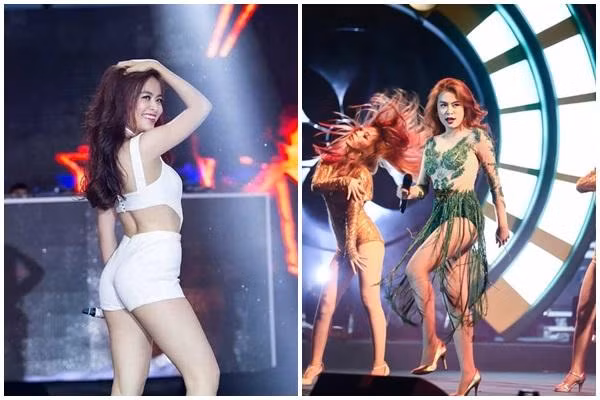 Cũng như nhiều sao Việt khác, Hoàng Thùy Linh rất ưa chuộng kiểu trang phục khoe tối đa vóc dáng gợi cảm trên sân khấu như áo crop-top, quần ngắn ôm sát. Cô là nghệ sĩ bị Phòng quản lý nghệ thuật phải nhắc nhở nhiều lần vì ăn mặc quá hở hang đi diễn.