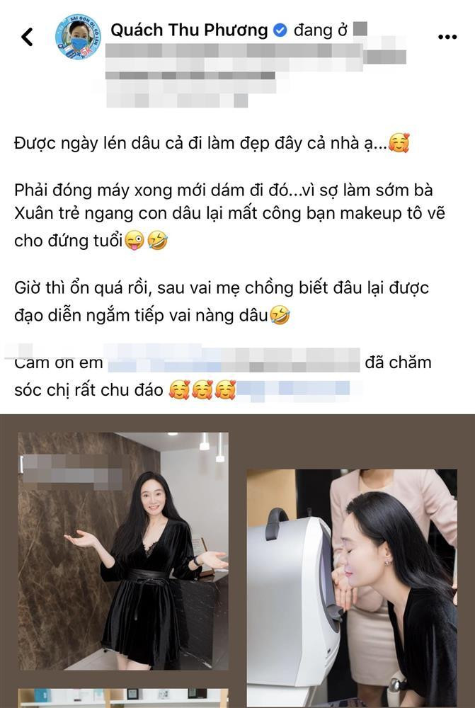 Gần đây, cô gây bất ngờ khi thử sức với mốt lấp ló nội y chỉ gái trẻ mới dám thử. Chia sẻ hình ảnh quyến rũ như gái 18, nữ diễn viên bông đùa: " Phải đóng máy xong mới dám đi làm đẹp vì sợ làm sớm bà Xuân trẻ ngang con dâu lại mất công bạn makeup tô vẽ cho đứng tuổi. Giờ thì ổn quá rồi, sau vai mẹ chồng biết đâu lại được đạo diễn ngắm tiếp vai nàng dâu".