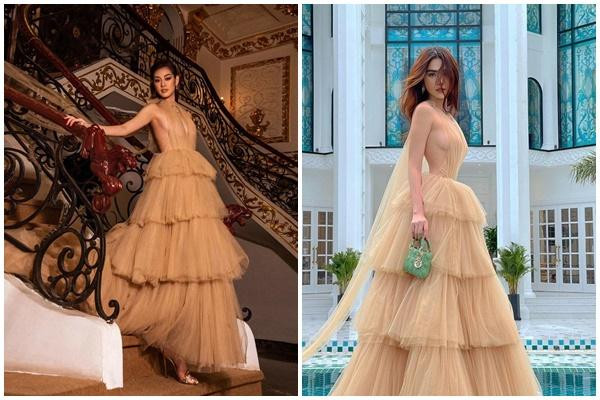 Trước đó, Khánh Vân và Ngọc Trinh cũng có màn so kè chung trong một thiết kế đầm công chúa xếp tầng khoe chân ngực sexy, mỗi người một vẻ.