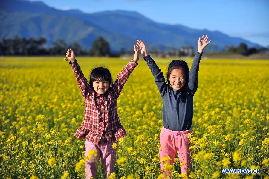 Hai bé gái với nụ cười tươi rói đứng giữa cánh đồng cải mênh mông. Ảnh chụp ngày 24/1.