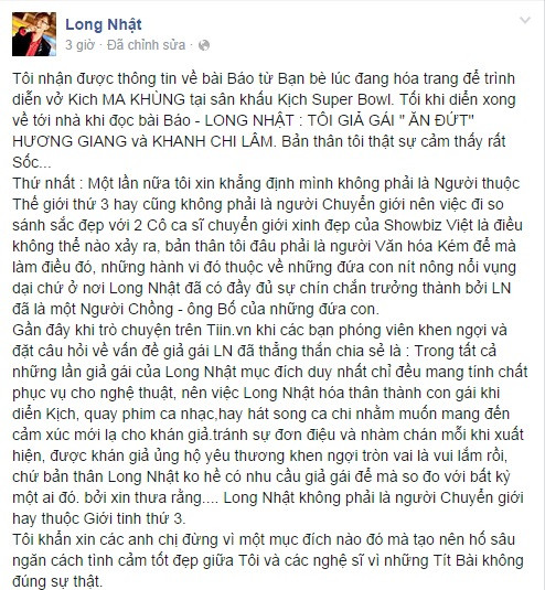 Long Nhật liên tục khẳng định, mình không phải là người đồng tính hay chuyển giới như Lâm Chí Khanh, Hương Giang...
