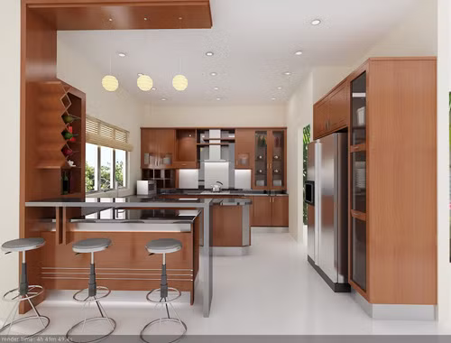 Nhiều gia đình xây phòng khách và phòng bếp liên thông với nhau nhằm tạo sự thông thoáng, rộng rãi cho căn phòng, nhất là khi nhà có diện tích khiêm tốn. Và quầy bar được dùng để phân chia khu vực phòng khách và phòng bếp đồng thời là nơi để bạn bè, khách đến chơi nhà ngồi uống rượu với nhau khi phòng khách đã chật, giúp nới rộng không gian tụ tập.