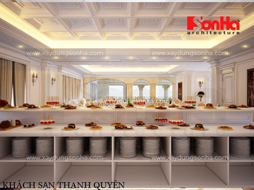 Phần bếp nấu và chế biến, trang trí món ăn được thiết kế cùng khu với phòng ăn, dễ dàng trong việc di chuyển cho khách sạn và du khách.