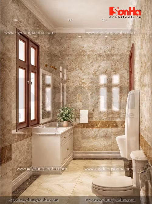 Toàn bộ khu vệ sinh được thiết kế gọn gàng và sạch sẽ, tiện nghi cao cấp đạt tiêu chuẩn 4 sao.