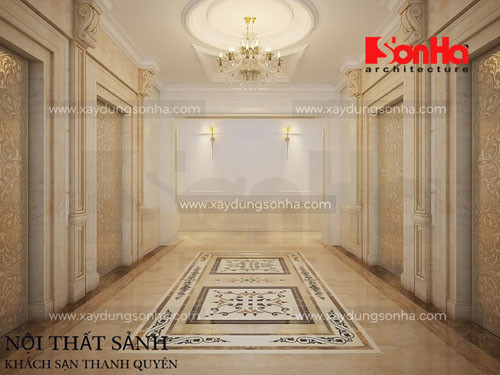 Tinh tế trong từng chi tiết nội thất, phong cách thiết kế nội thất theo kiến trúc Pháp giúp sảnh thêm trang trọng.