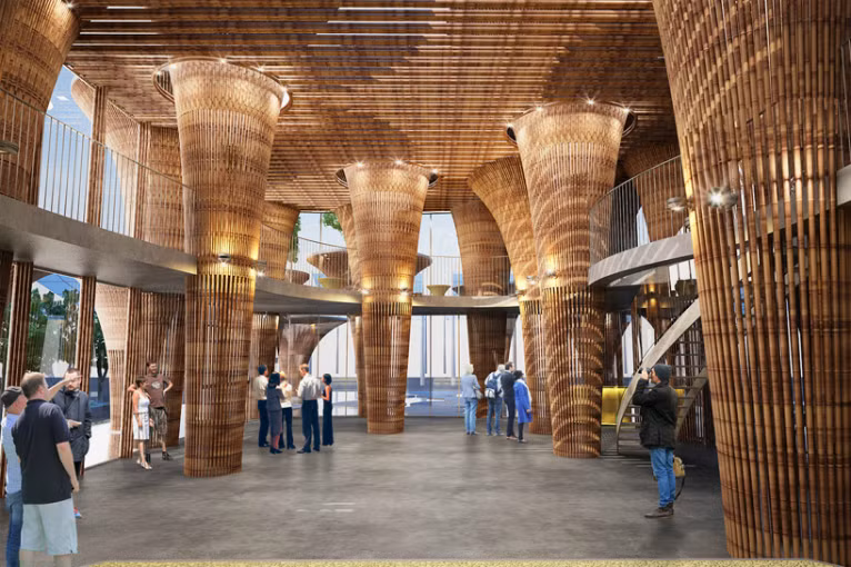 Dựa trên chủ đề đó, nhà triển lãm Việt Nam tại Expo năm nay có cấu trúc bằng tre tạm thời, phỏng theo hình hoa sen – quốc hoa của Việt Nam với ý nghĩa biểu tượng cho sự lạc quan trong tương lai.