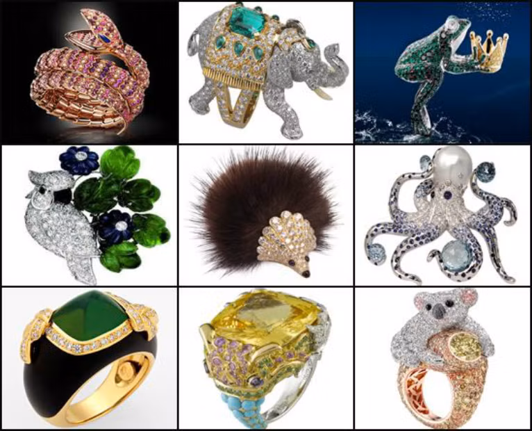 Bên cạnh những bộ đồ trang sức trên, các hãng cũng đua nhau tung ra những mẫu thiết kế với các hình con vật khác nhau để hút sự chú ý của giới lắm tiền nhiều của.