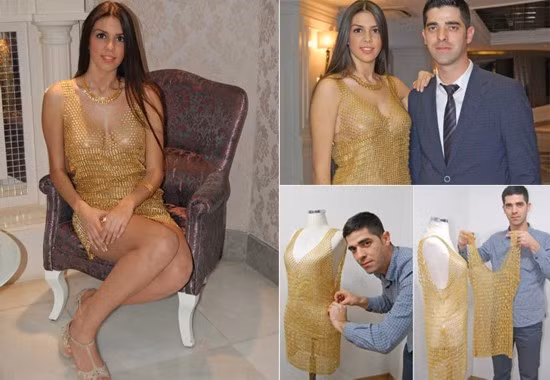 Thợ may có tên Ahmet Atakan, đến từ Kahramanmaras, Thổ Nhĩ Kỳ đã sử dụng tổng cộng 78.000 mẩu vàng để hoàn thiện chiếc váy “hàng khủng” này. Chiếc váy nặng 3kg, có giá 85.000 euro (khoảng gần 3 tỷ đồng). Đây là một chiếc váy sát nách, được thiết kế khá đơn giản. Tuy nhiên, giá trị của chiếc váy lại lên tới mức “khủng”.