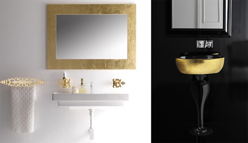 Chậu sứ đen dát vàng tạo nên phong cách hoàng gia cho phòng tắm. Các phụ kiện trong phòng tắm mắc treo khăn, kệ mỹ phẩm, khung gương... cũng được dát vàng 24K. 