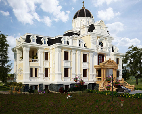 Thiết kế lối dẫn lên cửa chính bổ thành hai cánh lượn theo hai hàng cột tròn trơn, sơn trắng duyên dáng, thể hiện tính sáng tạo của nhà thiết kế cho công trình nét độc đáo riêng.