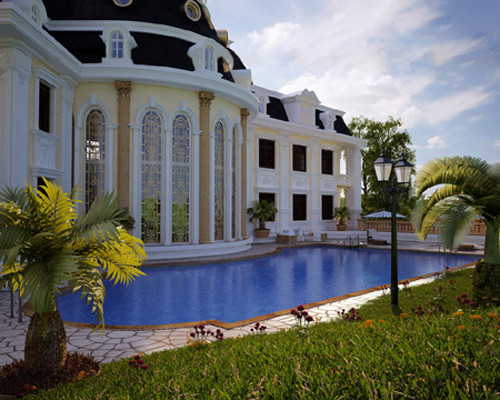 Khu bể bơi rộng lớn nằm tạo cho khu biệt thự có một không gian sân vườn thoáng đãng tuyệt đẹp. Ảnh: xaydung 305.