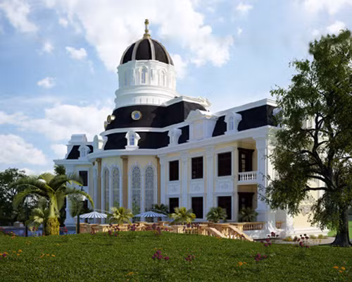 Cửa sổ các tầng tưởng như tách biệt về không gian nhưng lại liền mạch trong cách kiến tạo các chi tiết, giữa vuông, nhọn và cung vòm. Cấp mái chéo thứ ba mở ra một tổ hợp kiến trúc dày đặc các chi tiết Pháp phía dưới, tạo điểm nhấn thu hút cho khoảng trung tâm của công trình.