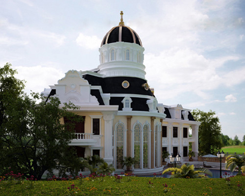 Thiết kế mái vòm cung bán nguyệt đen bóng của kiến trúc cổ điển châu Âu nổi bật trên cả khối nhà. Tầng mái chính phía dưới mô phỏng hình bán lục lăng quen thuộc của những công trình công cộng đồ sộ kiểu Pháp như tòa thị chính, công sở đã được làm cho tươi sáng hơn, bớt vẻ phô trương và nặng nề như trong nguyên gốc.