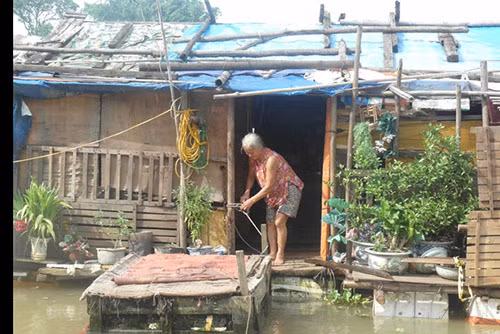 Hiện ở đây còn khoảng hơn chục hộ dân sinh sống. Họ kết những chiếc bè nổi rồi dựng những ngôi nhà tạm bợ bằng tre nứa để sống qua ngày. Có những hộ gia đình 8 người sinh sống trên 1 chiếc bè 15m2.