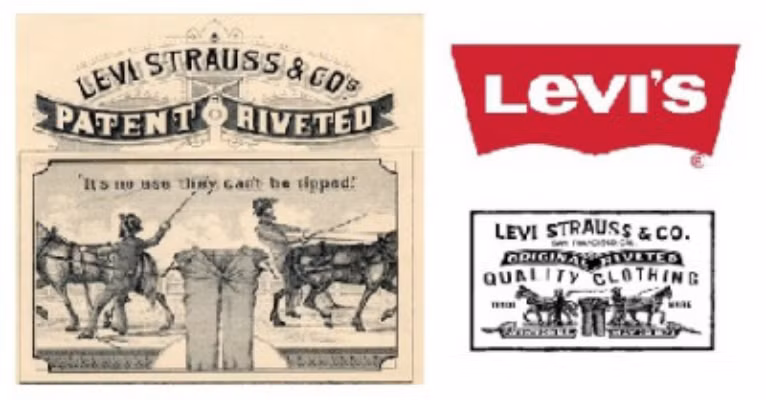 5. Levi Strauss &amp; Co. (năm sử dụng logo lần đầu tiên: 1886, năm công ty thành lập: 1837, doanh thu công ty mẹ: 4,7 tỷ USD, lĩnh vực: may mặc). Logo của thương hiệu thời trang Levi’s với 2 chú ngựa. Levi’s đã sử dụng logo này lần đầu vào năm 1886. Trên thực tế, logo này phổ biến tới mức các khách hàng thường xuyên hỏi về “những chiếc quần có hình 2 chú ngựa”. Tính đến năm 2013, Levi’s có khoảng 16.000 công nhân trên toàn thế giới, chuyên sản xuất các loại quần jean, áo vét…