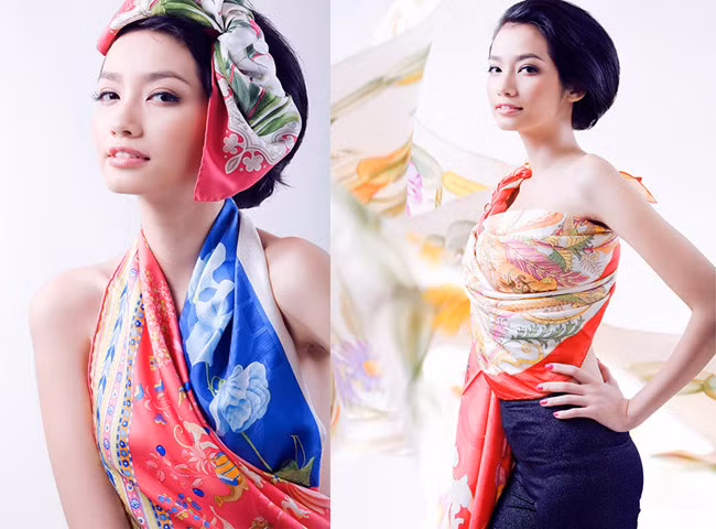 Hoa hậu Thời trang Trúc Diễm khoe vẻ gợi cảm đầy quyến rũ khi khoác lên người những chiếc khăn lụa nhiều màu sắc.
