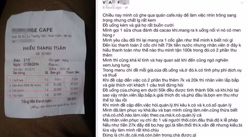 Từ chia sẻ của nickname V.A.P, tuần qua cư dân mạng quan tâm và truyền tai nhau thông tin không hay về việc một quán cafe sang chảnh ở Hà Nội phục vụ kém và đồ uống dở tệ, ngoài ra còn có khoản phụ thu vô lý.