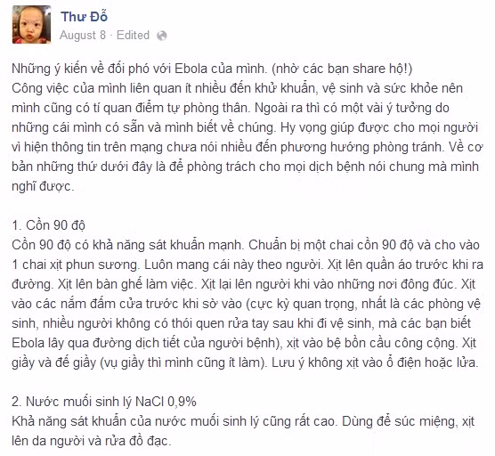 Đoạn trích chia sẻ của nickname Thư Đỗ về các kinh nghiệm chống Ebola.