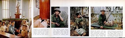 Từ trái sang: Vào vùng đối phương (phe cách mạng) kiểm soát tại Huế, Ka-thơ-rin gặp nhiều dân thường trú ẩn trong một nhà thờ; Một người lính thông tin Bắc Việt Nam dùng bộ đàm Mỹ; Bộ đội được vũ trang bằng súng trường do Liên Xô sản xuất, và súng phóng lựu của Mỹ.