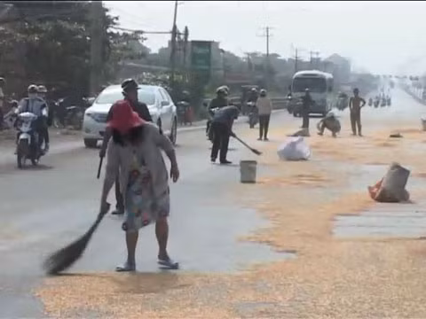 Những người dân này quét ngô giúp người tài xế.