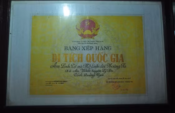 Bằng công nhận di tích lịch sử cấp quốc gia đối với cụm “lăng” thờ “Âm Linh Tự và Mộ lính đội Hoàng Sa” tại thôn Tây, xã An Vĩnh, huyện Lý Sơn, tỉnh Quảng Ngãi.