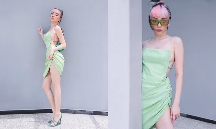 Với hình thể nóng bỏng, Tóc Tiên chưa từng ngại ngần diện những bộ cánh cắt xẻ khó nhằn nhất. Đơn cử như mẫu váy quấn tông xanh, tôn làn da trắng sáng. 