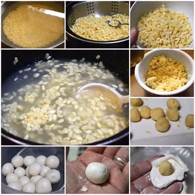 Nên chọn loại giống đỗ tiêu, hạt nhỏ, thơm, đem hấp chín tơi, giã mịn, trộn với đường kính trắng làm nhân bánh chay. Đỗ xanh ngâm mềm, đãi sạch vỏ, hấp hoặc đồ chín, xúc ra đem giã nhuyễn, chừa lại một ít chưa giã để trang trí. Xào phần đỗ xanh đã giã với đường, vê lại bằng cỡ nhỏ hơn viên bánh trôi một chút. 