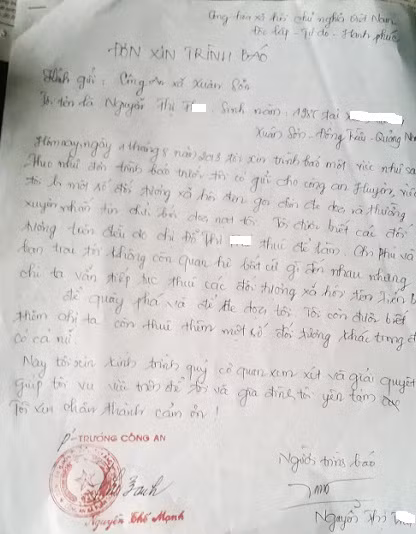 Đơn chị Th trình báo công an xã Xuân Sơn trước khi bị đe dọa.