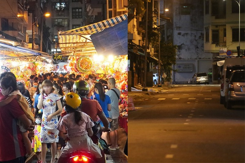 Không khí trái ngược hoàn toàn của những ngày trước Tết Trung thu năm ngoái (trái) và năm nay (phải) ở phố lồng đèn TPHCM.