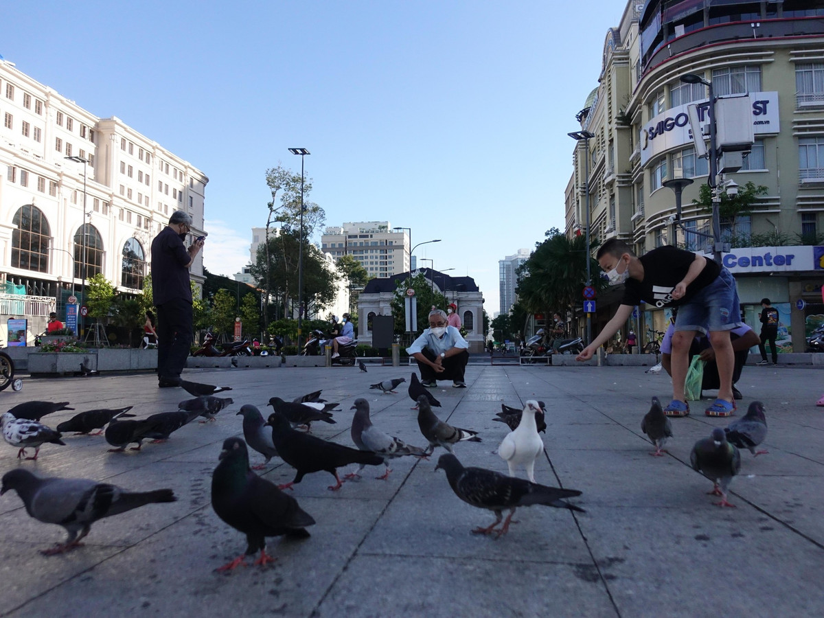 Tại phố đi bộ Nguyễn Huệ (Quận 1, TPHCM), từ sáng sớm đã có nhiều người đến tham quan, tập thể dục.