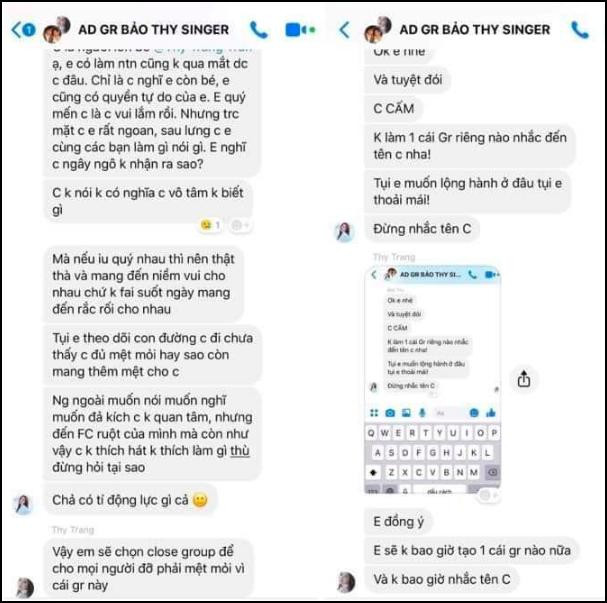 "Tuyệt đối, chị cấm làm một cái group riêng nào có nhắc đến tên chị. Chúng em muốn lộng hành ở đâu thoải mái nhưng đừng nhắc đến tên chị", Bảo Thy căng thẳng nhắc nhở fan. Hành động này của nữ ca sĩ khiến nhiều khán giả ngạc nhiên, vì trước đây cô được mệnh danh ít nói và rất yêu chiều fan.