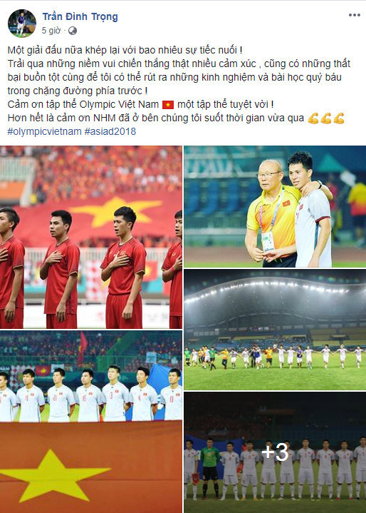 Trung vệ của CLB Hà Nội cũng tỏ ra đầy tiếc nuối trước thất bại của đội nhà. Trong sơ đồ 3 hậu vệ của HLV Park, Đình Trọng đóng vai trò quan trọng khi thi đấu ở giữa, ngay trước mặt thủ thành Bùi Tiến Dũng. Ở trận tứ kết gặp Olympic Syria, việc thiếu vắng Đình Trọng đã gây không ít khó khăn cho các cầu thủ Việt Nam.