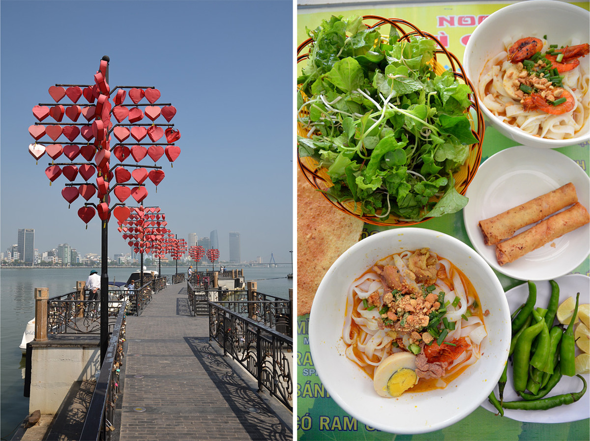 Cầu Tình yêu cạnh tượng Cá chép hóa rồng và những món đặc sản hấp dẫn của Đà Nẵng. Ảnh: Notesplusultra.com.