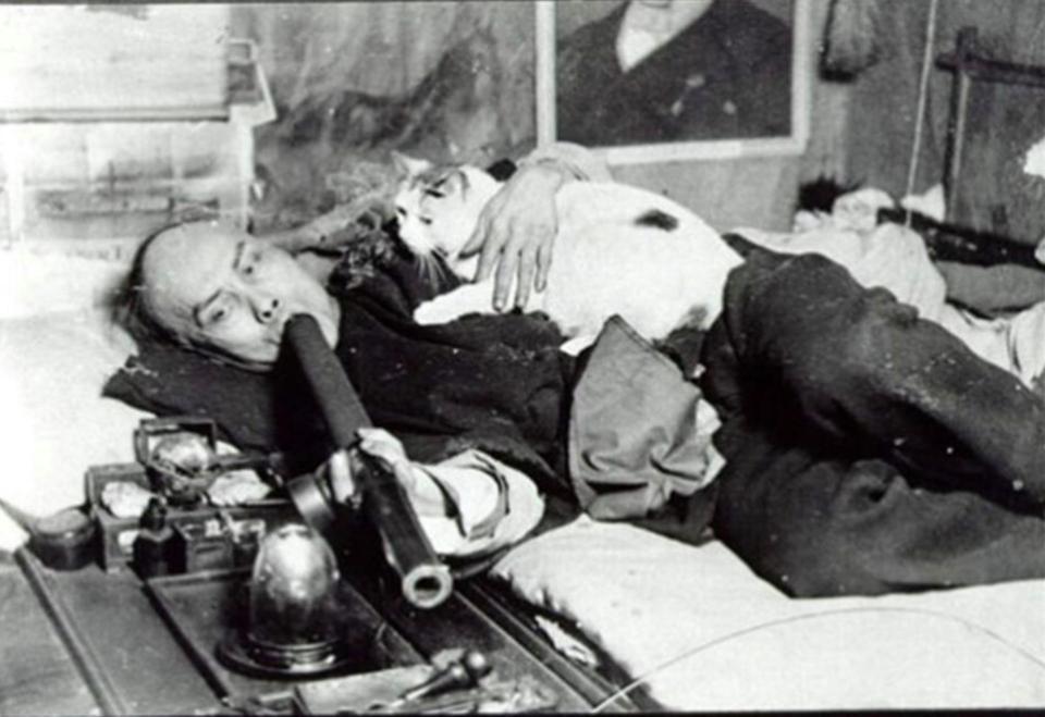 Một người Hoa kiều rít thuốc khi đang ôm một con mèo, năm 1900. Hình ảnh này từng hiện diện trên tấm bưu thiếp bán chạy nhất ở San Francisco một thời.