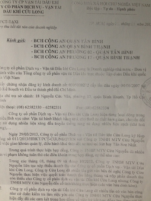 Giám đốc công ty Cửu Long cho biết đã gởi công văn đến cơ quan Công an thông báo về việc thu hồi xe và nhờ hỗ trợ trong việc giữ gìn ANTT nếu có xảy ra tiêu cực từ phía công ty Cửu Nguyễn