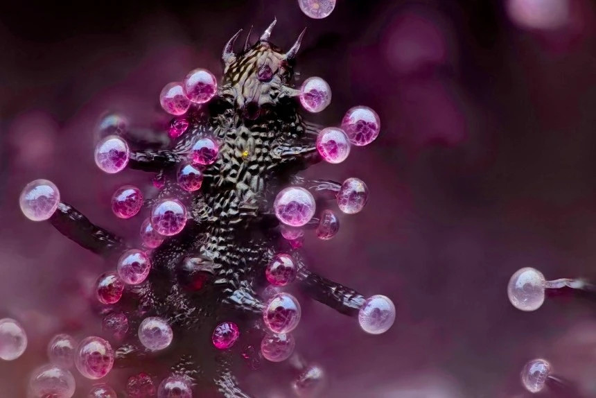  Bức ảnh đoạt giải ba chụp lá cây cần sa của tác giả Chris Romaine ở Port Townsend (Washington, Mỹ). Bức ảnh cho thấy các phần phụ giống như sợi tóc của cây được gọi là trichome. Những bong bóng là các túi cannabinoid - cấu trúc giống như mụn nước chứa đầy chất lỏng.