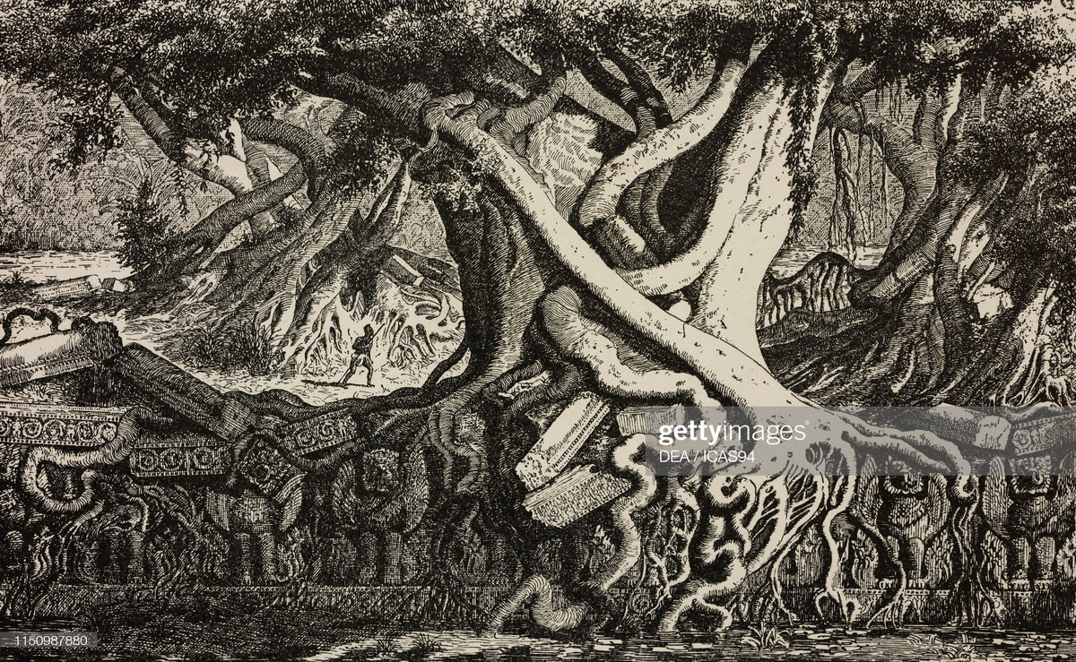 Cây cối bao phủ các phế tích trên đường đến Preah Khan, ngôi đền nằm ở Đông Bắc Angkor Thom, Campuchia thế kỷ 19. Ngôi đền này được xây vào thế kỷ 12. Ảnh: Getty Images.