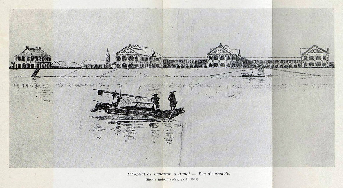 Toàn cảnh Bệnh viện Lanessan của quân đội Pháp nhìn từ sông Hồng, nay là Bệnh viện Trung ương Quân đội 108, Hà Nội năm 1894.