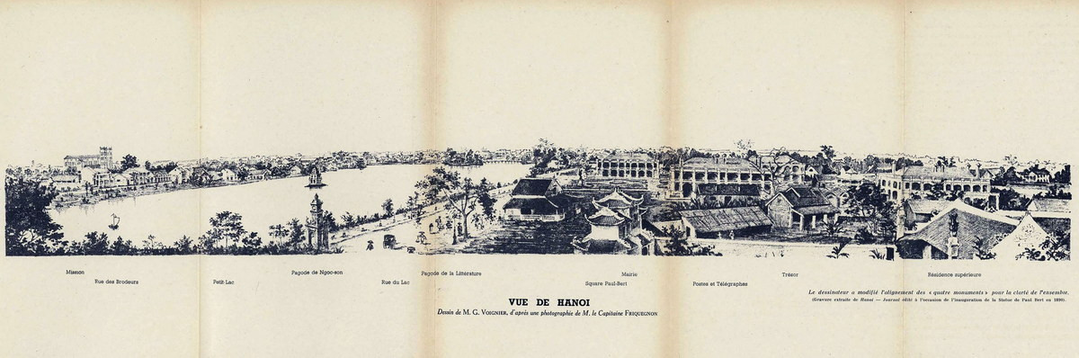 Tranh vẽ panorama khu vực bờ hồ Hoàn Kiếm năm 1890. Họa sĩ đã thay đổi vị trí tương đối của các công trình quanh vườn hoa Paul Bert (chính giữa tranh). Chùa Báo Ân nằm bên dưới.