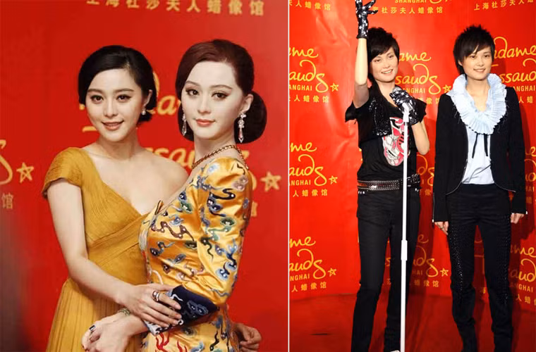 Tượng sáp Phạm Băng Băng được tạo hình với bộ long bào mà cô đã mặc trong Liên hoan phim Cannes 2010, cùng mái tóc búi cao và sắc thái rất giống nàng Kim Tỏa (trái). Nữ ca sĩ Lý Võ Xuân rất vui vì có một bức tượng sáp giống hệt cô.