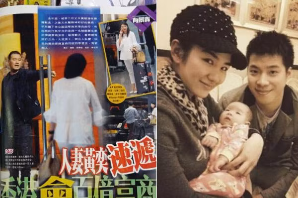 Hình ảnh Huỳnh Dịch đi vào khách sạn với một người đàn ông lạ đăng trên báo chí Hong Kong (trái).